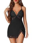 Avidlove Sexy Lingerie for Women Lace Nightgown Chemise Spaghetti Strap Babydoll Modal Sleepwear Full Slip Side Slit Nightwear Black S