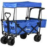 Outsunny Folding Trolley Cart Storage Wagon Beach Trailer 4 Wheels with Handle Overhead Canopy Cart Push Pull For Shopping Camping, Blue