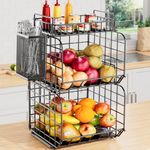 HYEIXZ Stackable Fruit Basket for Kitchen - 2pcs Fruit Bowls Hanging Wall Racks Storage Baskets Kitchen Countertop Organiser For Fruits Vegetable Snacks with Removable Lid and Utensil Basket, Black