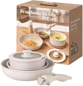 5 Pcs Pots and Pans Set Non Stick, Ceramic Cookware Set Detachable Handle, RV Kitchen Cooking Set Removable Handles, Stackable Non-Stick Pots Sets for All Stoves and Oven Safe, Cream White