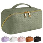 Large Capacity Travel Cosmetic Bag, Multifunctional Storage Makeup Bag Woven Leather Makeup Bag, Waterproof Travel Cosmetic Bags with Handle and Divider for Women