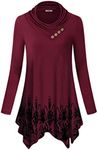 Cestyle Swing Tunic Top, Women Winter Turtleneck Clothes Cowl Neck Asymmetric Hem Fit and Flare Floral Printed Long Sleeve Daily Wear Thin Cute Christmas Sweater Wine Flower M