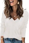 Arach&Cloz Women's V-Neck Long Sleeve Shirts Blouse Pullover Sweatshirt Rib Knitted Pattern Casual Tops Sweater Fall 2024 (Beige, Medium)