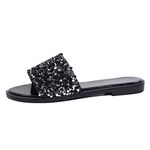 EETTARO Women's Glitter Shiny Slide Sandals Sparkle Fancy Flat Slippers Slip-on Jeweled Shoes, Black, 8