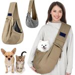 Small Cat Travel Bag Dog Carrier Sling, Reversible & Breathable Cotton Fabric, Padded Shoulder Strap, Built-in Safety Hook, Front Pocket, Pet Carrier Sling Dag, for Pets Up to 6kg (Khaki)