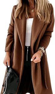 Womens Classic Coat Lapel Collar Open Front Belted Long Jacket, Brown, Medium