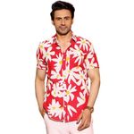 Blue Eagle Lily Flower Red Casual Wear Pure Linen Half Sleeve Collar Shirt for Men (XXL)