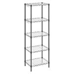 SONGMICS 5-Tier Wire Shelving Unit, Narrow Storage Rack with 4 Hooks, Bathroom Shelf with PP Shelf Liners, Height-Adjustable, Metal Shelves, for Kitchen, Black LGR115B01