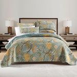 ENASAL Cotton Bedspread Quilt Sets Reversible Bedding Coverlet Sets Comforter, Vintage Floral Farmhouse Pastoral Turquoise Bedspread, Queen Size