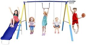 SMkidsport 5 in 1 Swing Sets for Backyard, Playground Sets for Backyards with Slide, Basketball Hoop, Two Swing Seats and Gymnastics Rings, Playground Set for Kids Outdoor, Blue