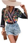 OYOANGLE Women's Casual Floral Print Bodysuit Wrap V Neck 3/4 Short Sleeve Bodysuit Black XS