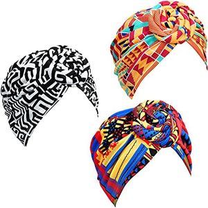 SATINIOR 3 Pieces African Turban for Women Knot Pre-Tied Bonnet Beanie Cap Headwrap, Black Orange Pink Geometry, One Size