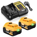 2X 18V 5.5Ah DCB182 Li-Ion replacement battery for Dewalt 18v Battery Charger Set Compatible with DCB180 DCB181 DCB182 DCB184 DCB185 DCB201 DCB204, for 18v Tools