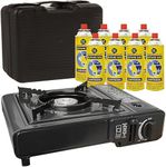 Portable Gas Cooker Camp Stove + 8 Butane Gas Canisters - For Outdoor Camping, Fishing, Cooking & BBQ | Premium Burner, Automatic Ignition & Heat Control, EN417 Compliant - Black Grill & Carry Case