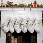 BHD BEAUTY White Christmas Stockings Set 6 Xmas Stockings 2022 New Decoration with Gold Pattern 20" Large Fireplace Hanging Stockings for Family Holiday Christmas Party