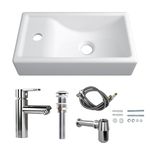 MEJE 16-Inch Wall Hung Basin Sink Combo, Small Cloakroom Basin, Rectangle Ceramic Bathroom Wash Basin - Left Hand Sink Set (Include Faucet & Pop-up Drain)