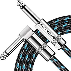 SONICAKE Guitar Cable 10ft Amp Cord for Guitar Bass Electric Guitar Instrument Electric Mandolin Amplifier Audio 1/4 Right Angle to Straight Black Blue (Black+Blue)