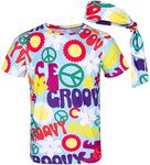 COSAVOROCK Men's 60s 70s Hippie Costume Groovy Hippy Fancy Dress T-Shirts with Headbands, Colorful, L