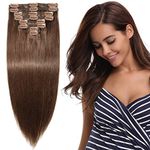 10"-22" Human Hair Extensions Clip in - Double Weft - 100% Remy Hair 8 Pcs Full Head (10"-110g, 4 Medium Brown)