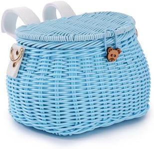 SVNR Kids Bike Basket, Bike Basket Front, Bicycle Baskets for Boys and Girls, Handwoven Backpack with Lid Shoulder Strap, Rattan Front Handlebar Baskets, Blue