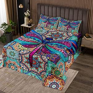 Erosebridal Dragonfly Bedspread Watercolor Mandala Coverlet Set,Exotic Boho Floral Quilted Tribe Rustic Aesthetic Animal Quilt Set Room Decor Queen Size