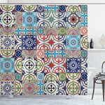 Ambesonne Moroccan Decor Collection, Patchwork Pattern from Colorful Moroccan Tiles Traditional Decorating Illustrations, Polyester Fabric Bathroom Shower Curtain, 84 Inches Extra Long, Navy Red