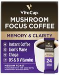 VitaCup Focus Mushroom Coffee Instant Packets, for Memory & Clarity Support, w/Fiber, Chaga, Lion’s Mane, B Vitamins, Medium Roast, 100% Arabica & Robusta Coffee in Single Serve Sticks, 24 Ct