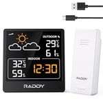 Raddy WF-50T Indoor Outdoor Thermometer Hygrometer Wireless Weather Station, Battery Powered Temperature & Humidity Monitor, Weather Forecast, Wireless Remote Sensor (Black)