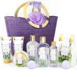 Spa Luxetique Lavender Spa Gift Baskets for Women, Pampering 10pc Bath Gift Sets - Deluxe Tote Bag with Wooden Handles, Bath Salt, Hand Soap &Cream, Shower Gel and More, Perfect Birthday & Christmas Gift Idea, Home Spa Kit for Women