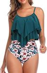 FLYILY Women Two Piece High Waisted Swimwear Tankin Sets Ruffle Ruched Bathing Suit Swimming Costume(2-GreenFlower,XL)