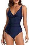 Smismivo Tummy Control Swimsuits One Piece Bathing Suit for Women Slimming Ruched Push Up Padded Vintage Retro Full Coverage V Neck Design for Swimming Pool Beach Party Tropical Vacations (Navy Blue)