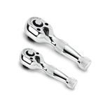 Powerbuilt Stubby Ratchet Set, 2 Piece, 1/4 Inch and 3/4 Inch Ratchets, Reversible 72 Tooth, Tight Spaces, Quick Release - 640927