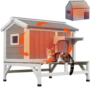 PetsCosset Insulated Cat House Outdoor with Balcony All-Round Insulation Weatherproof Outside Feral Cat Shelter for Winter, Wooden Pet House with Raised Base and Openable Roof for Cats & Small Animals