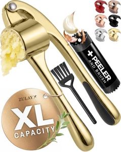 Zulay Kitchen Large Premium Garlic Press Set - Bigger Bowl for Bigger Garlic - Rust Proof & Dishwasher Safe Garlic Mincer Tool - Easy-Squeeze, Easy-Clean Silicone Garlic Peeler & Brush (Gold)