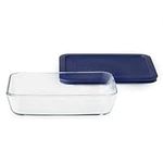 Pyrex 3-Cup Single Rectangular Glass Food Storage Container with Lid, Non-Toxic, BPA-Free Lid, Tempered Non-Pourous Glass, Microwave, Dishwasher, Freezer and Oven Safe, Blue