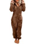 YILEEGOO Women Fleece Onesies Zip Up One Piece Hooded Pajamas Cozy Sleepwear Pyjamas Autumn Winter Warm Loungewear Jumpsuit Brown