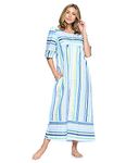 Casual Nights Women's Zip Front Woven House Dress | 3/4 Sleeves Housecoat Long Duster Lounger, Stripe Blue, 4X