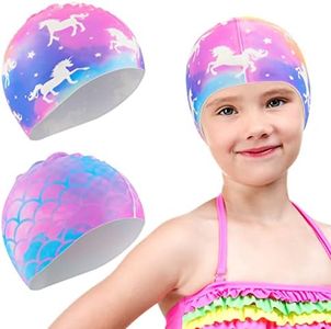 2 Pack Kids Swim Cap Durable Silicone Swim Caps for Boys Girls Toddler Waterproof Bathing Pool Swimming Caps