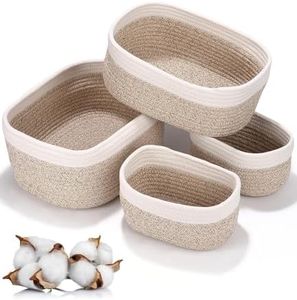 Birshe Juego de 4 Cesta Bebe Organizadoras Cestas Baño Almacenaje Cajas Organizadoras Baño Decorativas Cestas Almacenaje de Algodón Tejido para Baño, Cocina, Estanterías, Armarios, Ropa, Juguetes