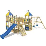 WICKEY Wooden climbing frame Smart Queen with swing set, blue-yellow tarp & blue slide, Outdoor kids playhouse with sandpit, climbing ladder & play-accessories for the garden