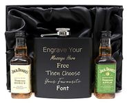 Personalised Engraved Black Hip Flask & 2 Miniature Bottles in Silk Gift Box (Apple & Honey Whiskey)