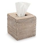 Rattan Tissue Box Cover Napkin Holder for Home Office Car Honey Brown (White, 14x14x15cm)