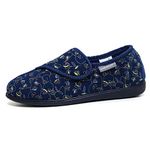 Womens Floral Print Touch and Close Slippers Ladies Memory Foam Machine Washable Shoes (Blu Navy, 7 UK, numeric_7)