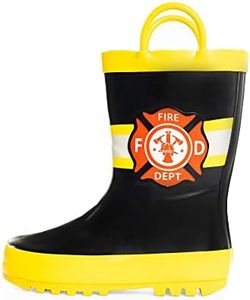 NORTY Rubber Rain Boots for Kids - Waterproof Rubber Boots Boys and Girls Solid & Printed Rainboots for Toddlers and Kids, Black Fire Chief, 7 Toddler