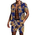 BUYJYA Men's Flower Shirt Short 2 Piece Hawaiian Sets Casual Button Down Floral Tracksuit beach outfit, Bule-a, Large