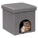 Bonlife Cat Ottoman Bed Box,Folding Cat Cave Beds for Indoor Cats,Cat House Winter Pet Kennel,Footstool Seat with Lid,32x32x32cm,Grey
