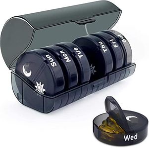 Weekly Pill Organizer, Pill Box 2 Times a Day (AM/PM), 7 Day Pill Case, Round Travel Medicine Organizer, Large Daily Pill Container Pill Dispenser for Vitamins, Fish Oils, Supplements and Medications (Whole Black)