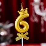 Fun Affairs Number 6 Candle with Crown for Birthday, Wedding, Engagement, Valentines Day Celebration, Theme Party, Bridal Shower Cake Topper for Decoration, 1 pc, Gold