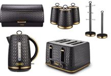 Tower Empire 1.7L 3KW Jug Kettle, 4 Slice 1600W Toaster, Bread Bin, Set of 3 Tea, Coffee & Sugar Canisters, Mug Tree & Towel Pole. Kitchen Set of 8 in Black with Brass Accents