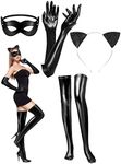 Zhanmai 4 Pcs Halloween Cat Costume Accessory for Women Including Masquerade Cat Mask Ear Headband PU Leather Glove Thigh High Stockings for Halloween Cat Themed Party